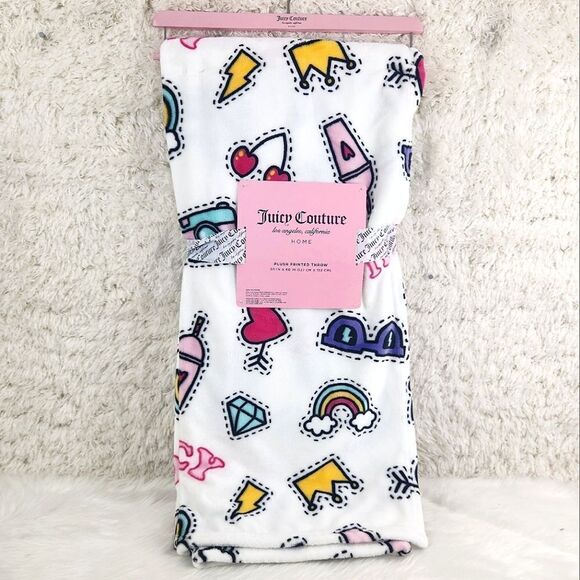 {Juicy Couture} White Printed Plush Throw Blanket - Picture 2 of 4